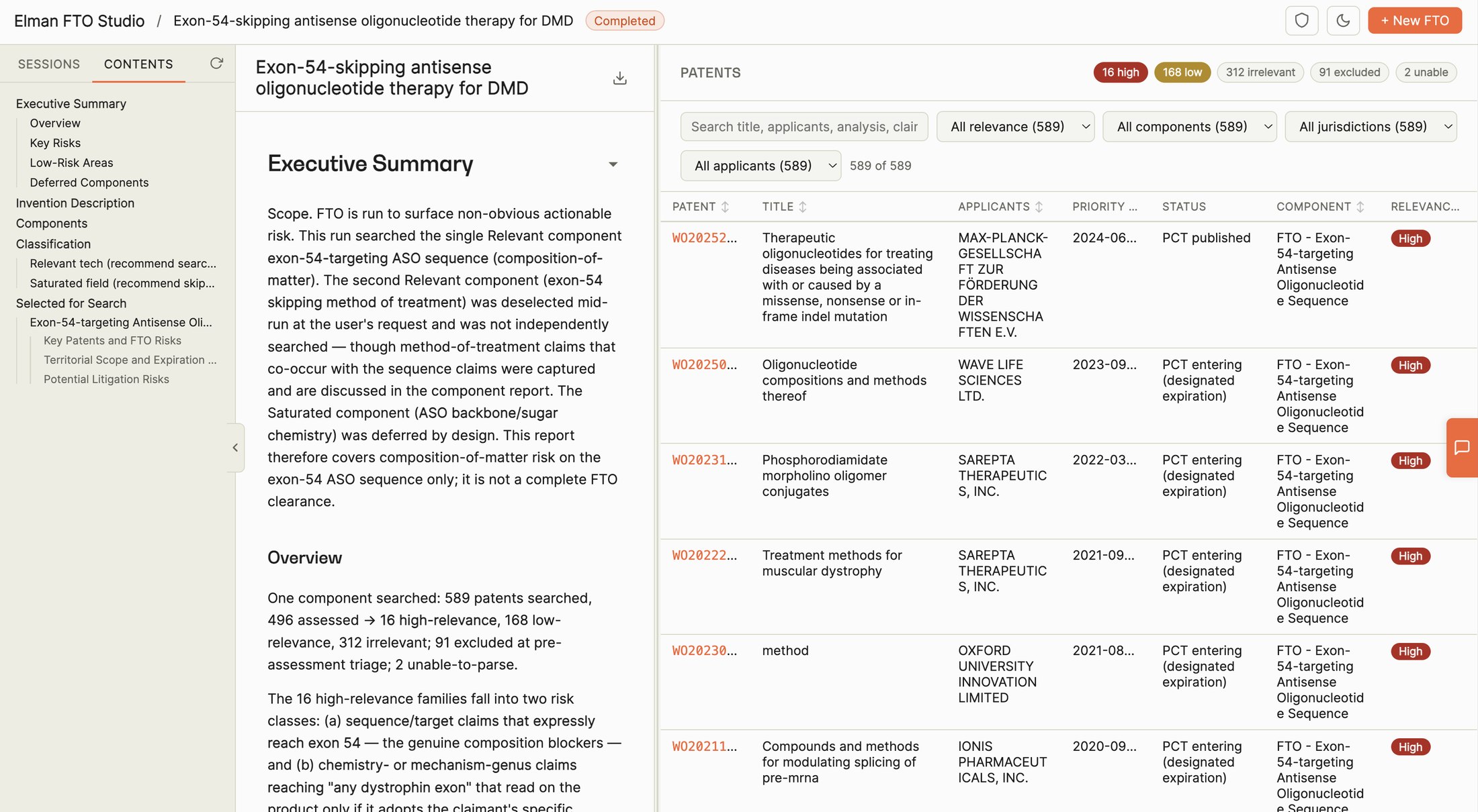 Elman FTO Studio: a completed freedom-to-operate analysis showing 589 patents searched and ranked by risk, with an executive summary and a per-patent risk table.